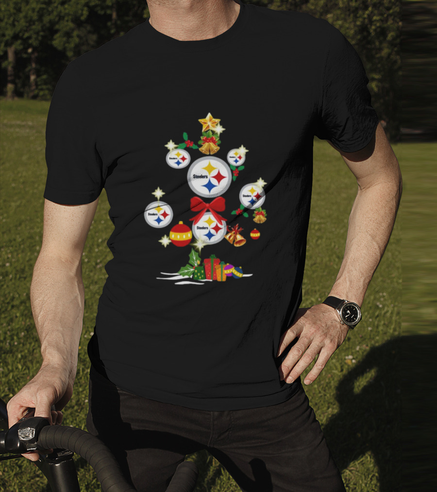 Pittsburgh Steelers Christmas Tree Ornaments With Presents And Stars T-Shirt