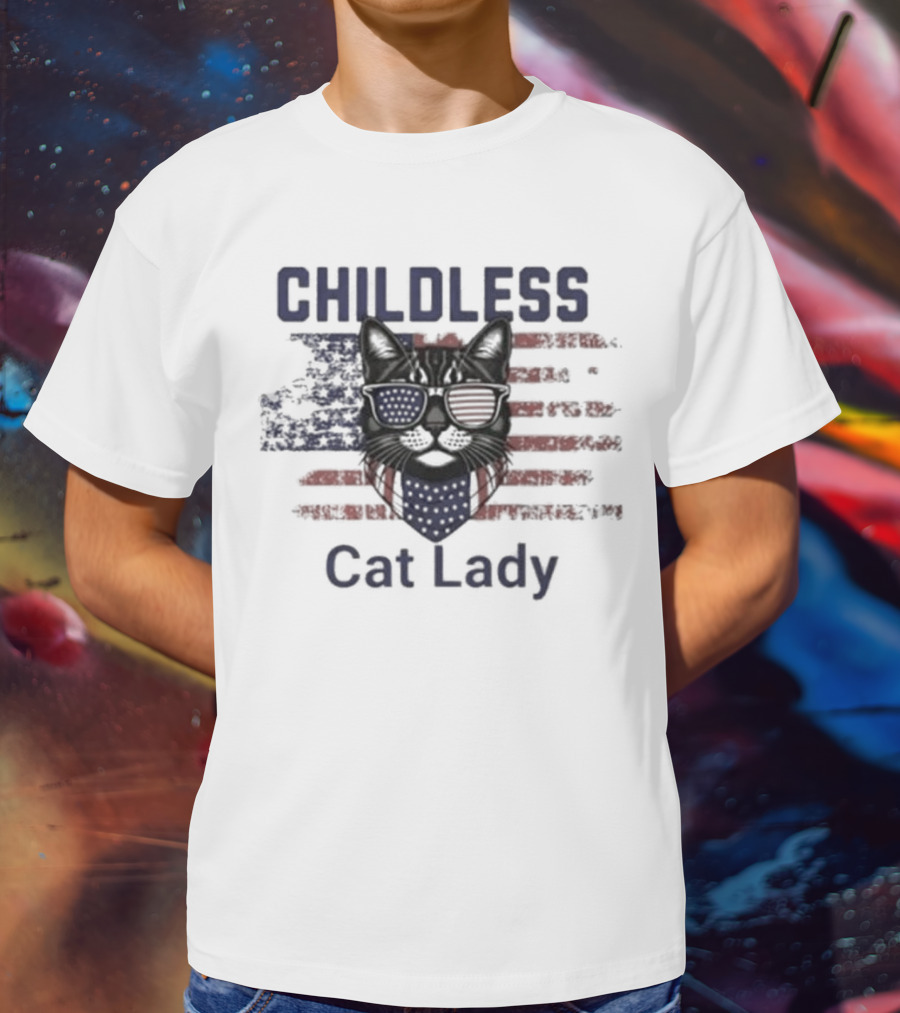 Childless Cat Lady Patriotic American Flag Cat With Sunglasses T-Shirt