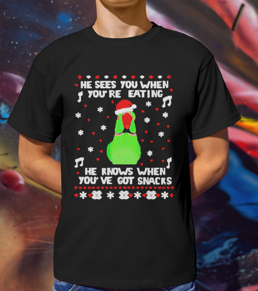 Parrot Ugly Christmas He Sees You When You’re Eating He Knows When You’ve Got Snacks T-Shirt