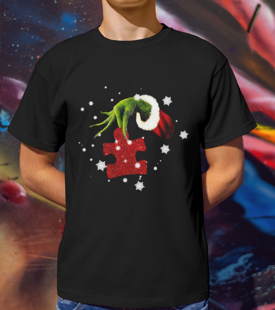 Grinch Hand Holding Red Glitter Puzzle Piece Autism Christmas Snowflakes T-Shirt