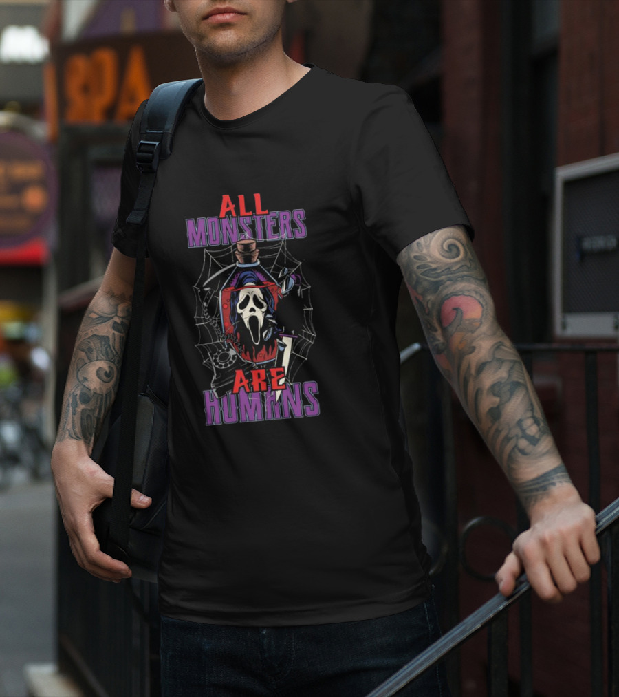 All Monsters Are Human Ghostface Spider Web And Knife T-Shirt