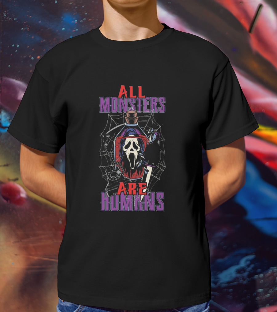 All Monsters Are Human Ghostface Spider Web And Knife T-Shirt
