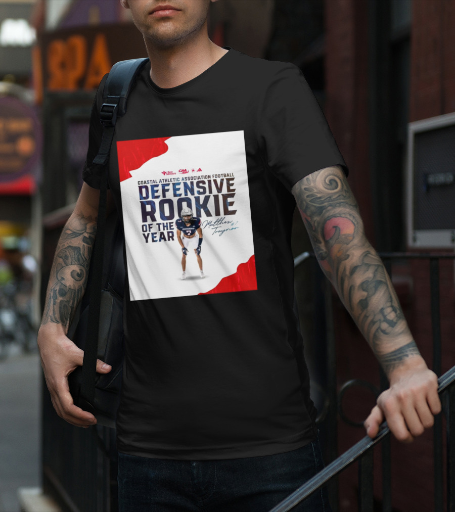 Coastal Athletic Association Football Defensive Rookie Of The Year Matthew Traynor Signature Richmond #2 Red Blue White Football Graphics T-Shirt