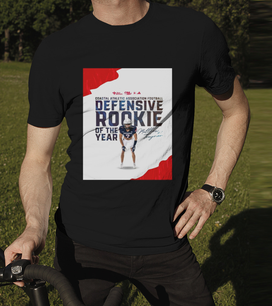 Coastal Athletic Association Football Defensive Rookie Of The Year Matthew Traynor Signature Richmond #2 Red Blue White Football Graphics T-Shirt