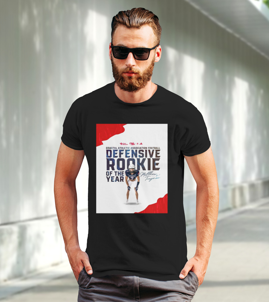 Coastal Athletic Association Football Defensive Rookie Of The Year Matthew Traynor Signature Richmond #2 Red Blue White Football Graphics T-Shirt