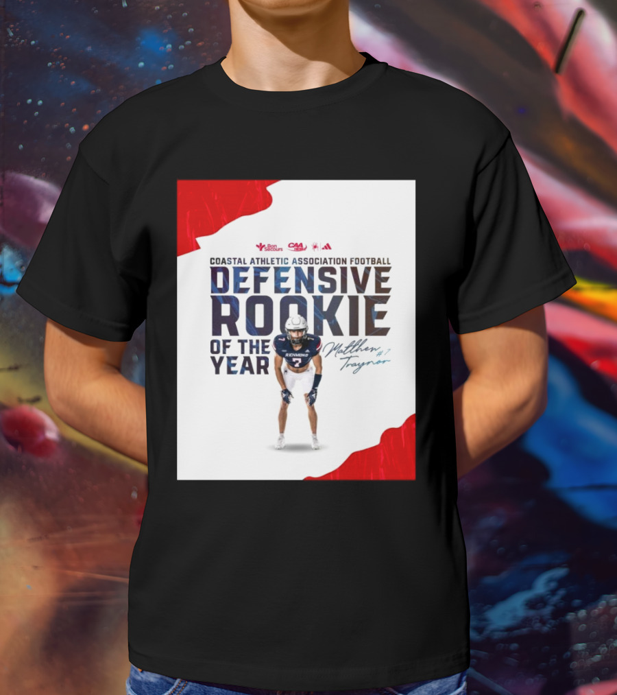 Coastal Athletic Association Football Defensive Rookie Of The Year Matthew Traynor Signature Richmond #2 Red Blue White Football Graphics T-Shirt