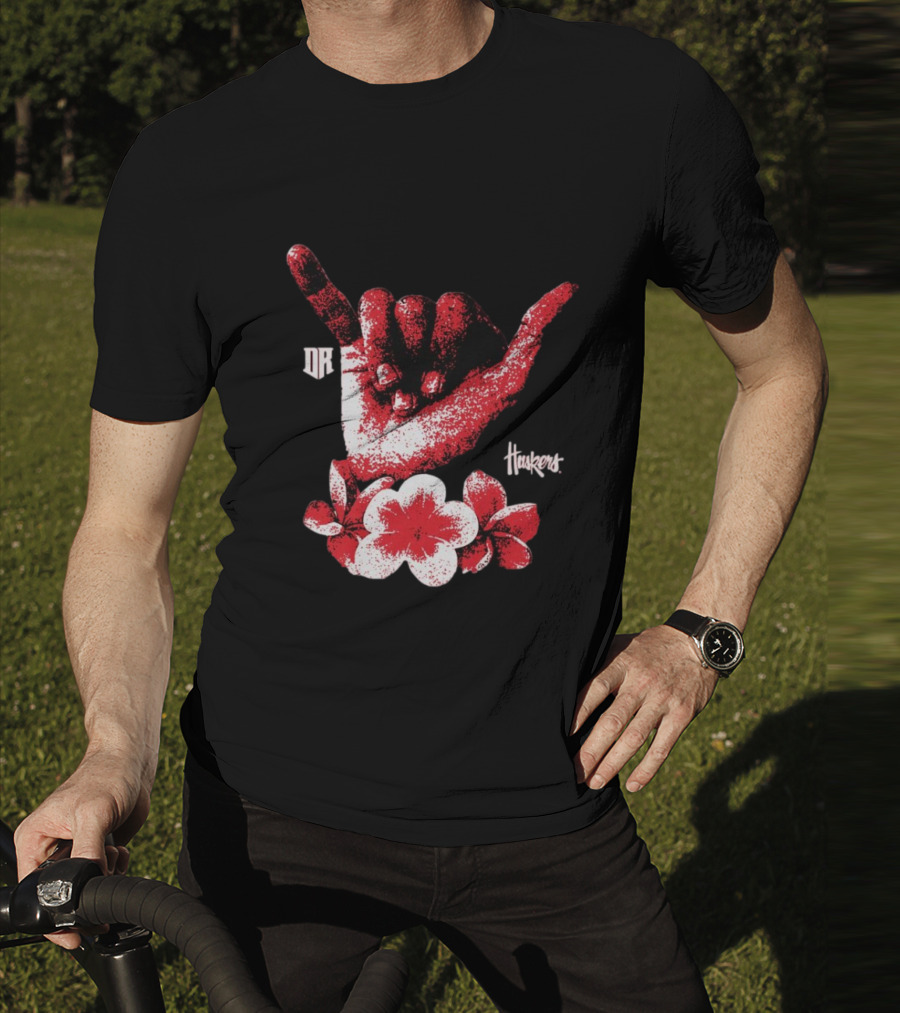 DR Huskers Shaka Hand Red And White Flowers T-Shirt