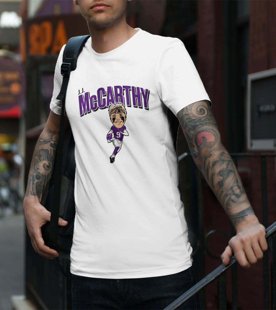 J.J. McCarthy 9 Running Quarterback Caricature T-Shirt