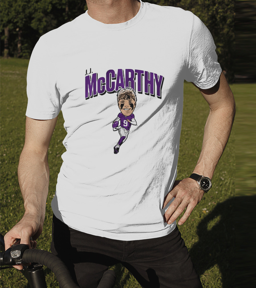 J.J. McCarthy 9 Running Quarterback Caricature T-Shirt