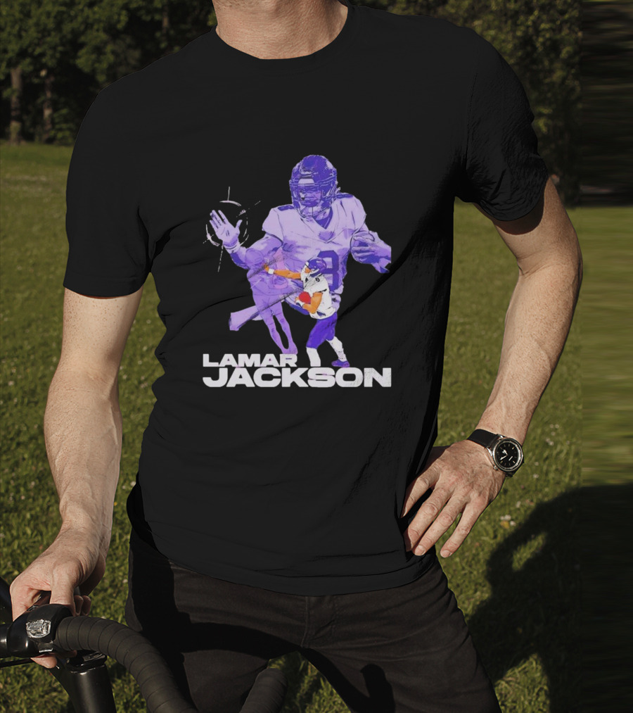 Lamar Jackson Baltimore Ravens NFL Stiff Arm Dynamic Action Play T-Shirt