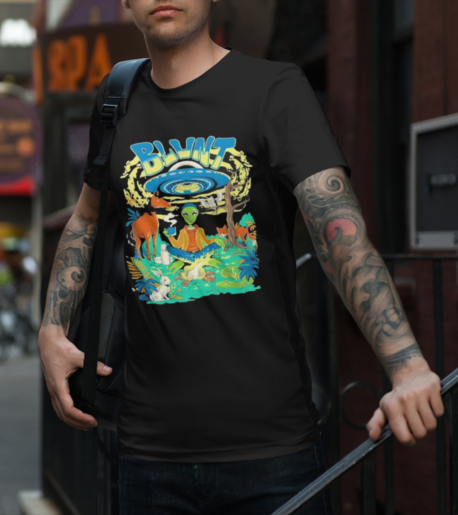 Blunt UFO Alien Smoking Forest Scene T-Shirt