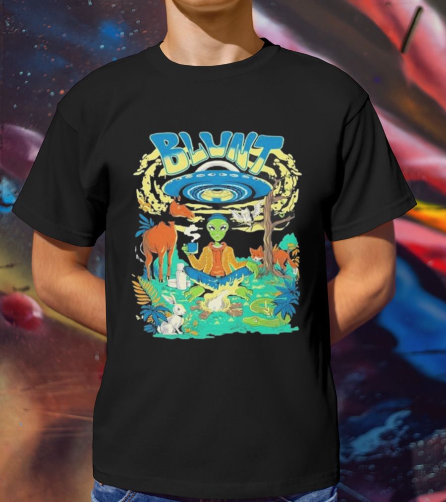 Blunt UFO Alien Smoking Forest Scene T-Shirt
