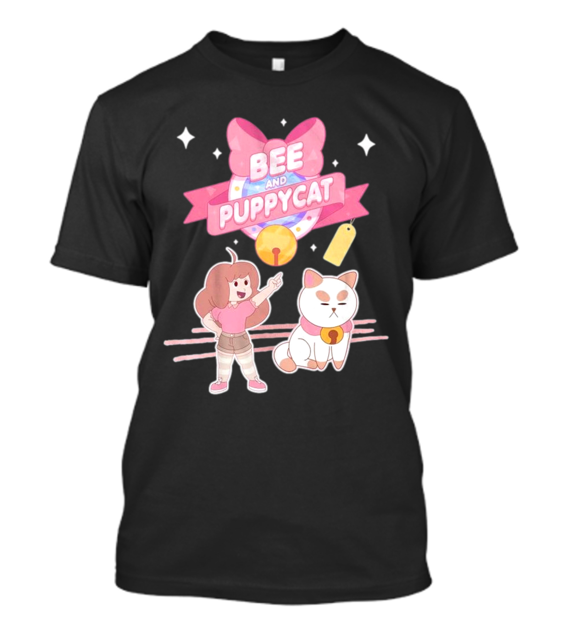 Bee And PuppyCat Cute Cartoon Characters With Pink Bow And Stars T-Shirt