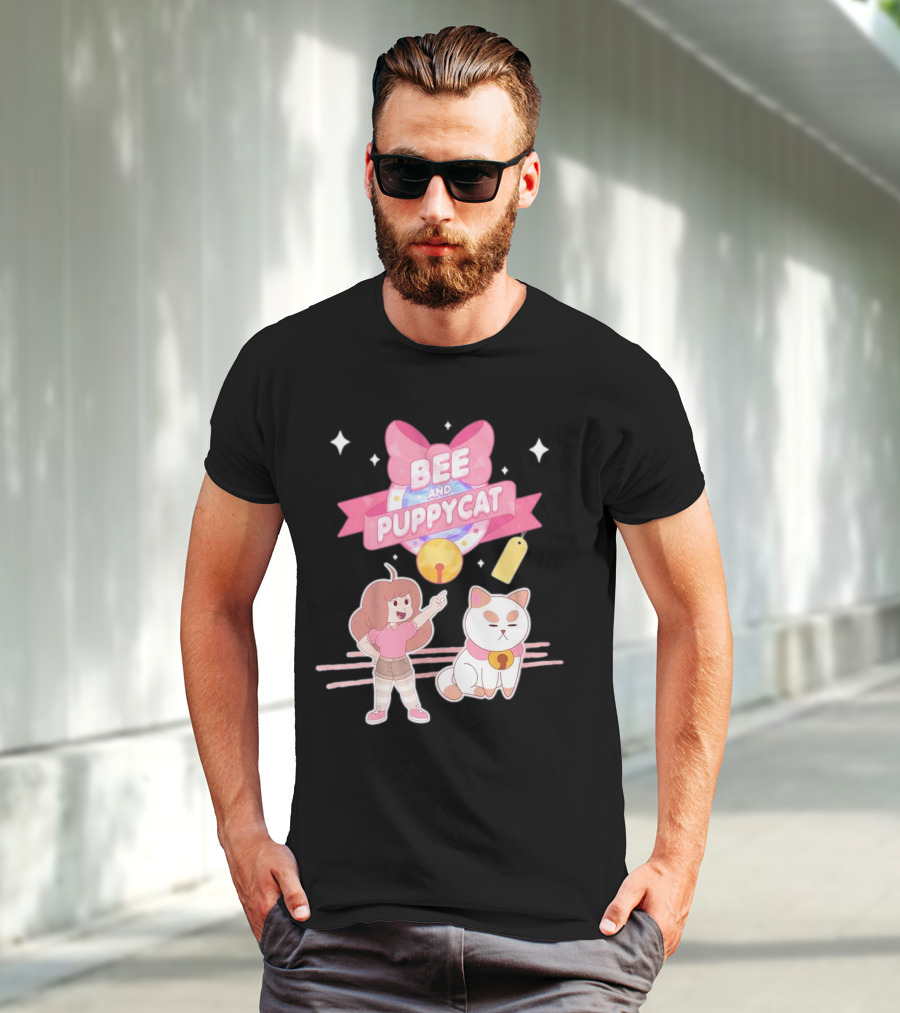 Bee And PuppyCat Cute Cartoon Characters With Pink Bow And Stars T-Shirt