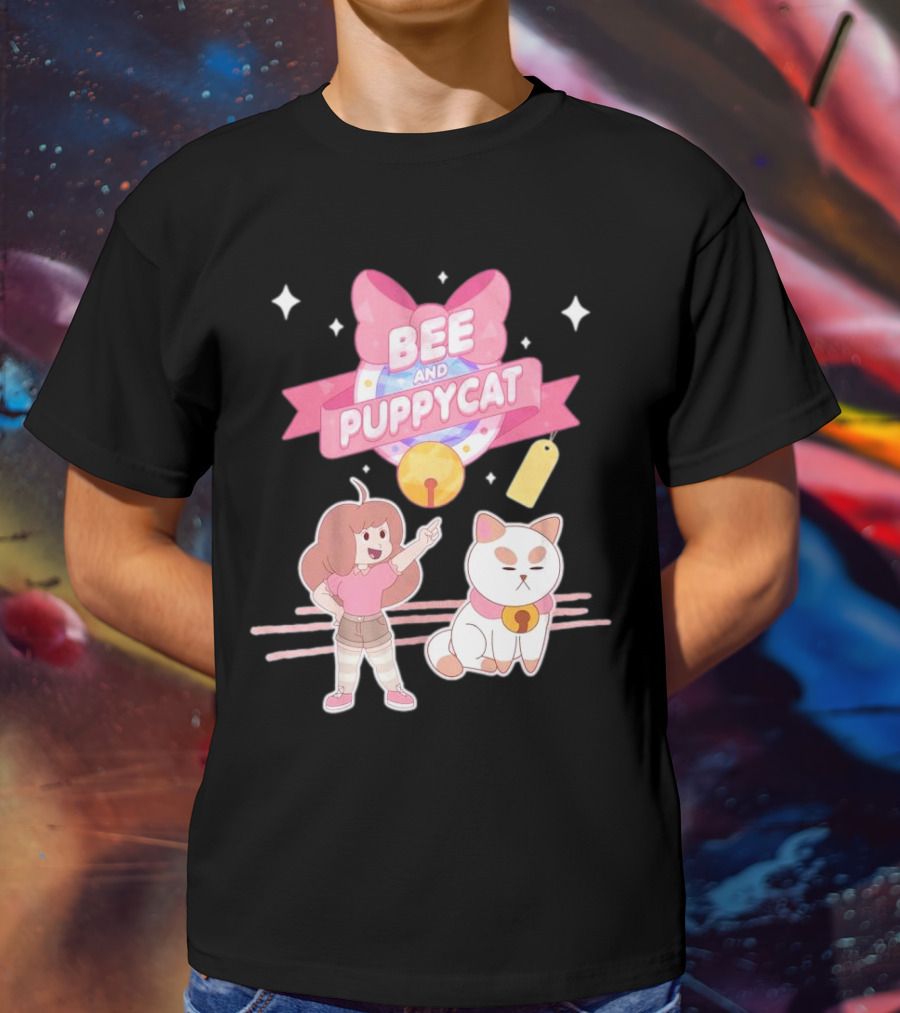 Bee And PuppyCat Cute Cartoon Characters With Pink Bow And Stars T-Shirt