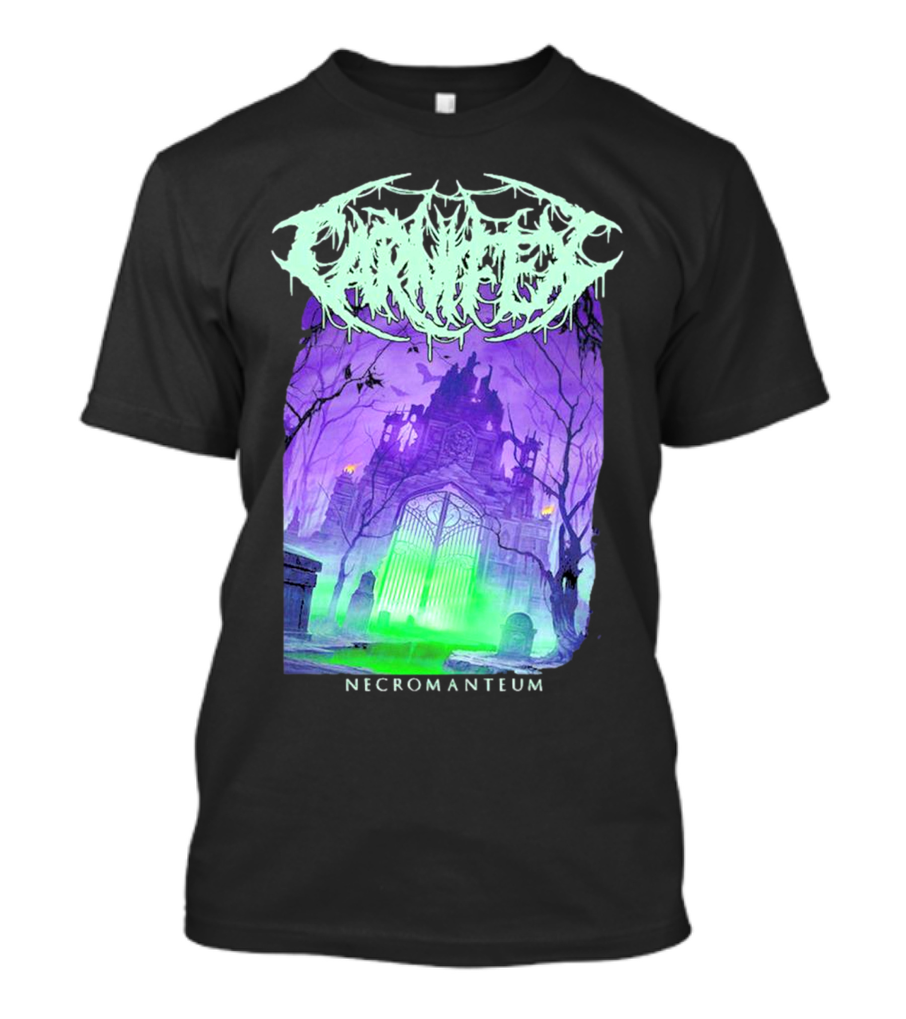Carnifex Necromanteum Haunted Gothic Castle With Glowing Green And Purple Portal T-Shirt