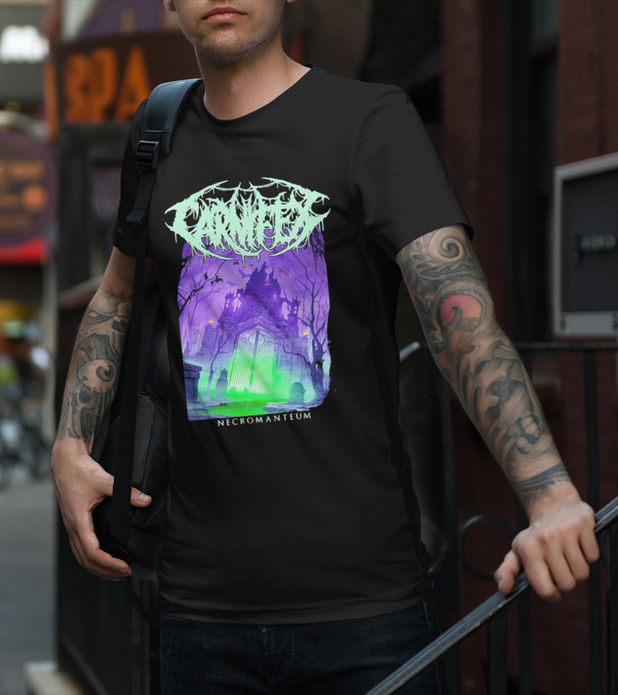 Carnifex Necromanteum Haunted Gothic Castle With Glowing Green And Purple Portal T-Shirt