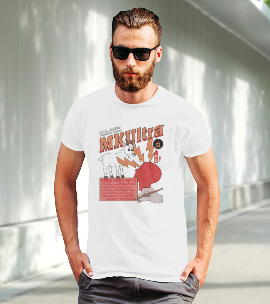 C.I.A All-Star Psychic Spies MKUltra Greatest Hits Ted Kaczynski UNABOMBER Joylon West Mind Control The Good Of Grateful Dead McGill U Psychic Driving Sirhan Sirhan RFK Death T-Shirt