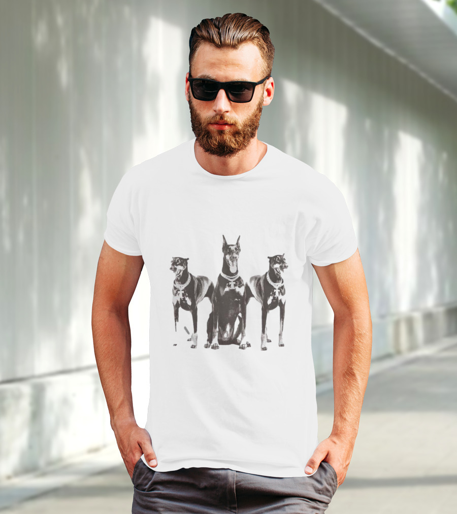 Doberman Dogs Trio In Black And White With Chain Collars T-Shirt