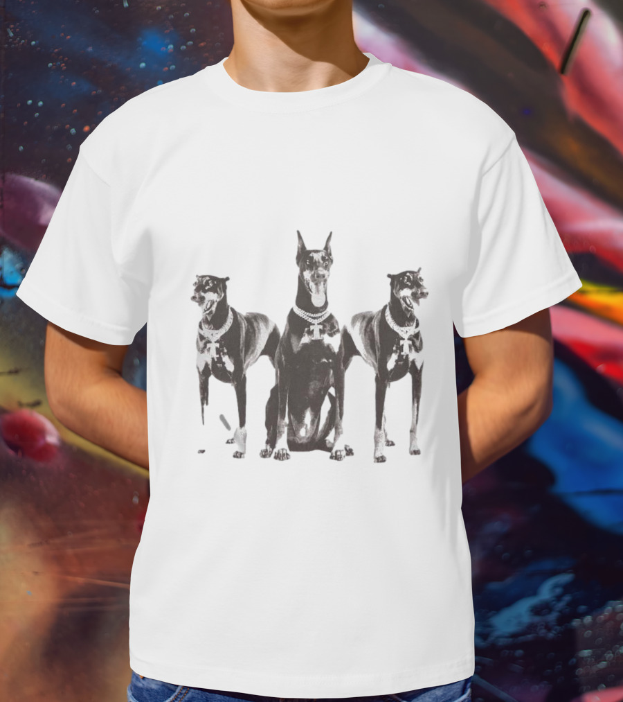 Doberman Dogs Trio In Black And White With Chain Collars T-Shirt
