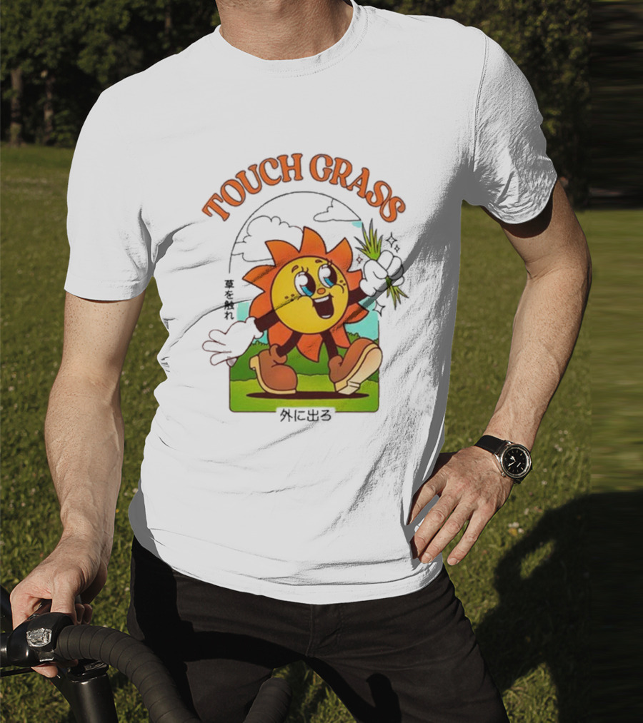 Touch Grass Retro Sun Character Outdoors Japanese Text T-Shirt