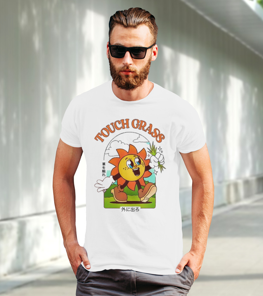 Touch Grass Retro Sun Character Outdoors Japanese Text T-Shirt