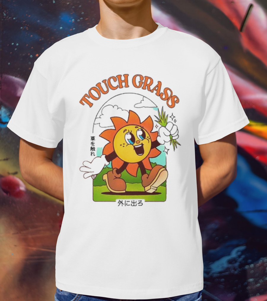 Touch Grass Retro Sun Character Outdoors Japanese Text T-Shirt