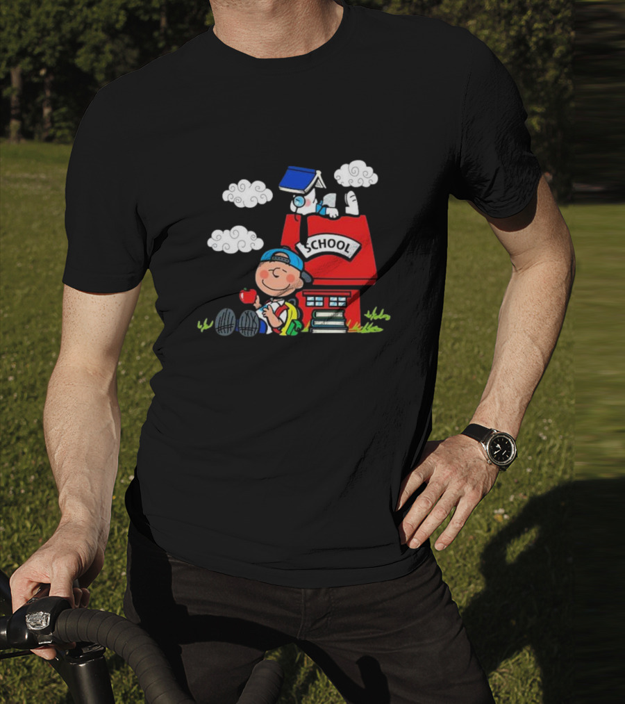 Snoopy School House With Backpack Apple And Clouds T-Shirt