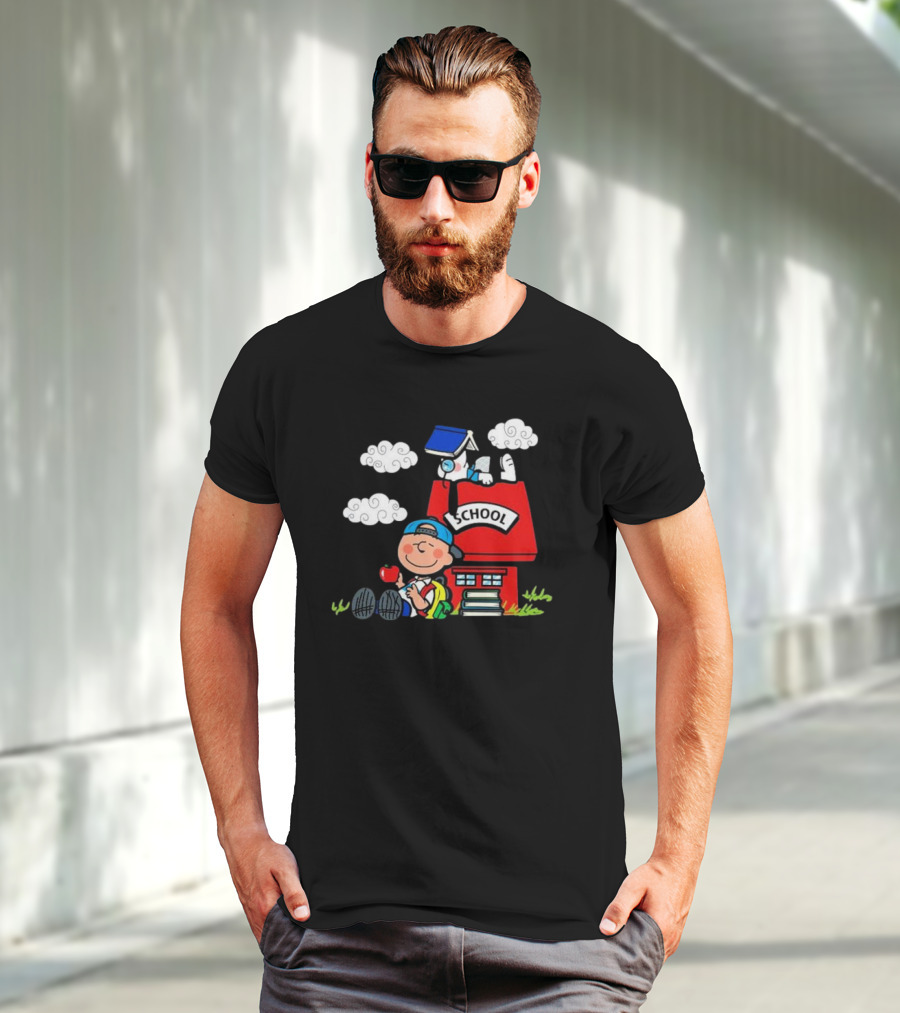Snoopy School House With Backpack Apple And Clouds T-Shirt