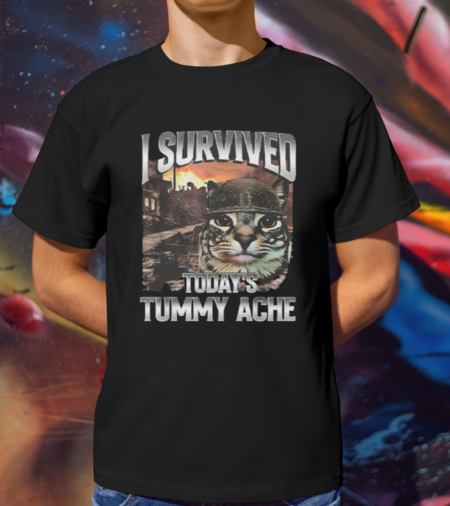 I Survived Today’s Tummy Ache Cat In Soldier Helmet With Warzone Background T-Shirt