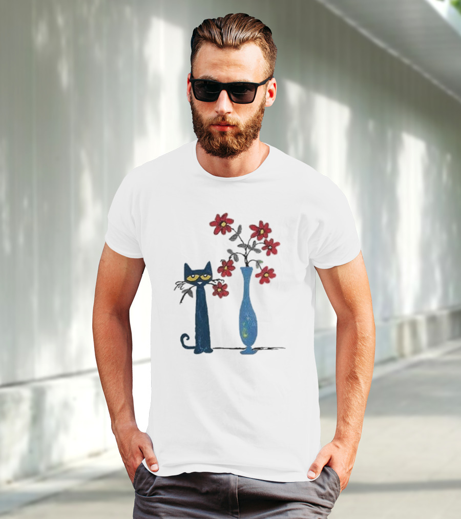 Pete The Cat And Red Flowers In Blue Vase T-Shirt