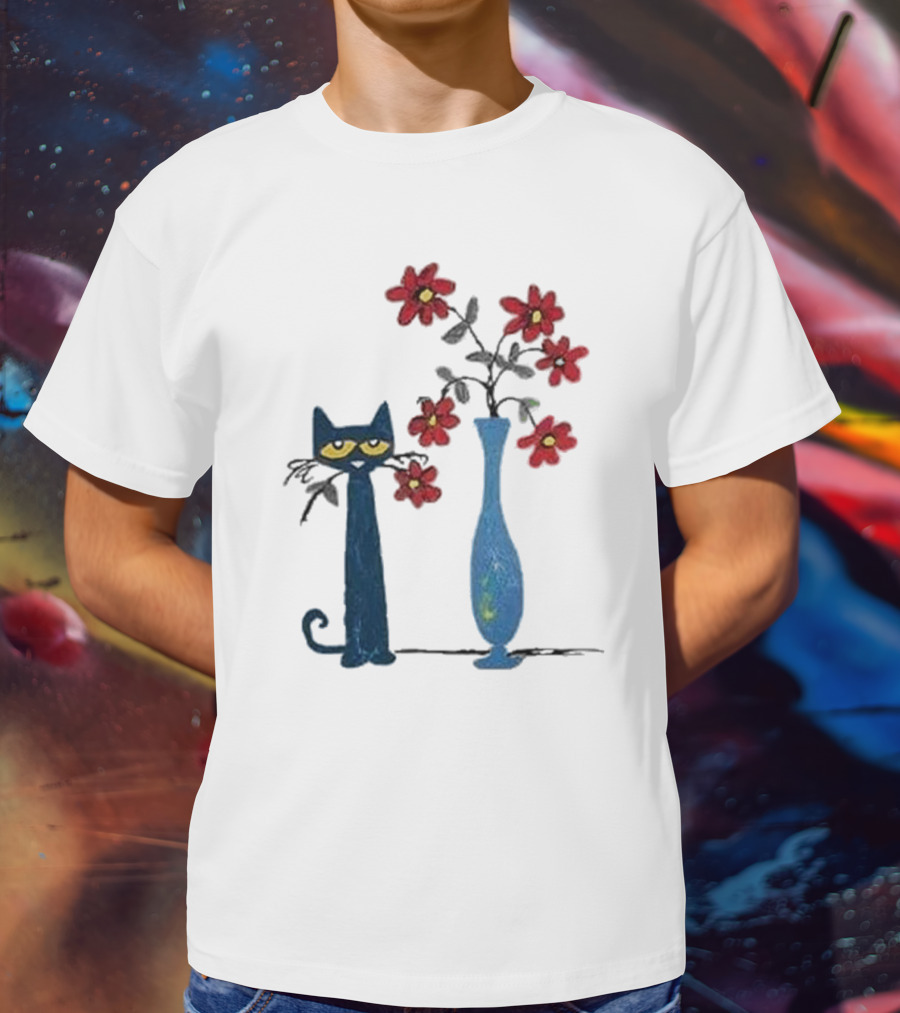 Pete The Cat And Red Flowers In Blue Vase T-Shirt