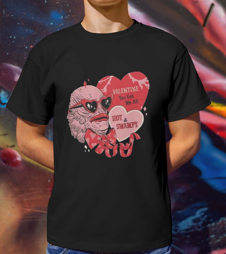 Valentine You Get Me All Hot And Swampy Creature With Heart Sunglasses And Bow Tie T-Shirt