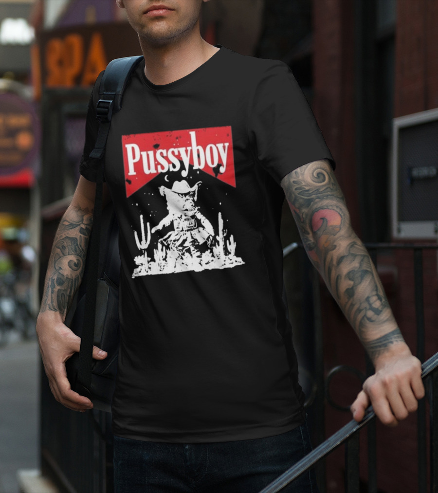 Ezramichelmusic Pussyboy Western Cat Cactus Night Scene T-Shirt