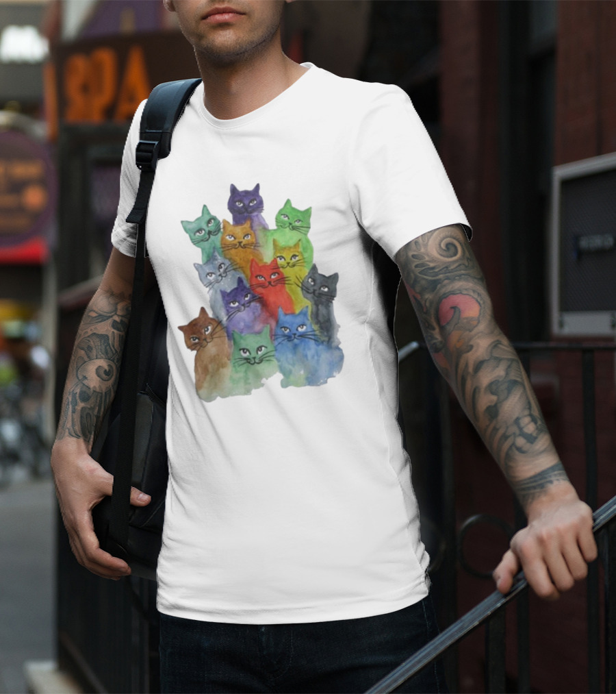 Cats All Around Colorful Watercolor Feline Faces T-Shirt