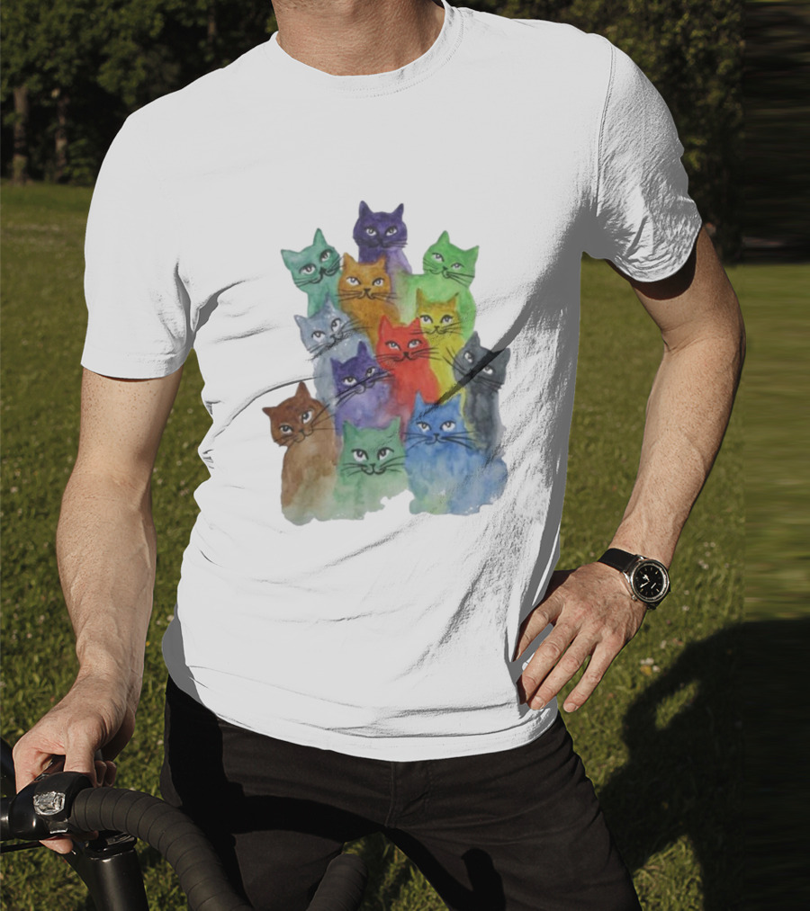 Cats All Around Colorful Watercolor Feline Faces T-Shirt