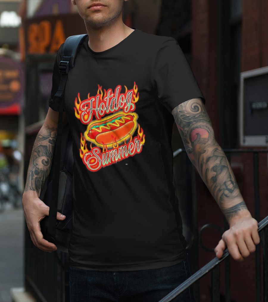 Hotdog Summer Flaming Hotdog Graphic With Fiery Flames T-Shirt