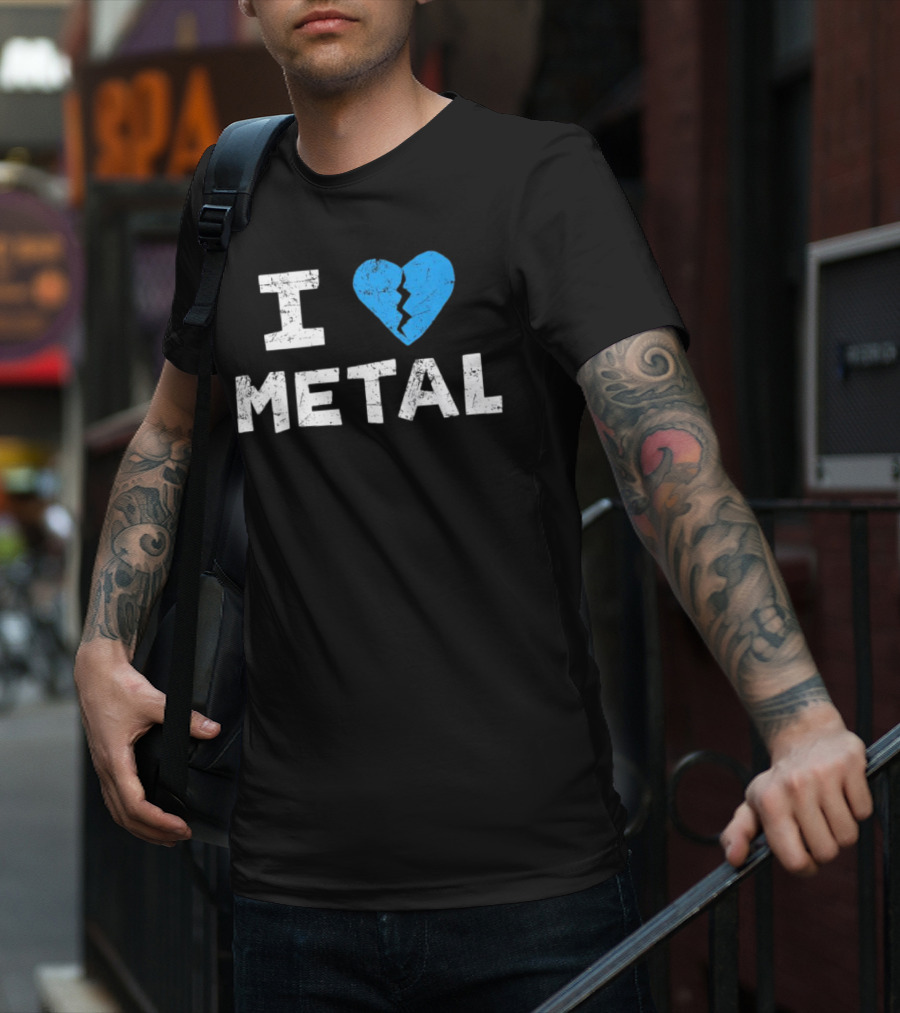 I Love Metal Broken Heart Blue Distressed Text T-Shirt