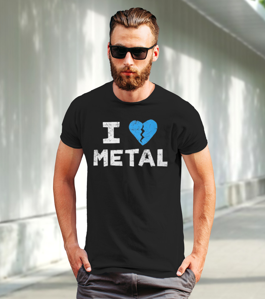 I Love Metal Broken Heart Blue Distressed Text T-Shirt