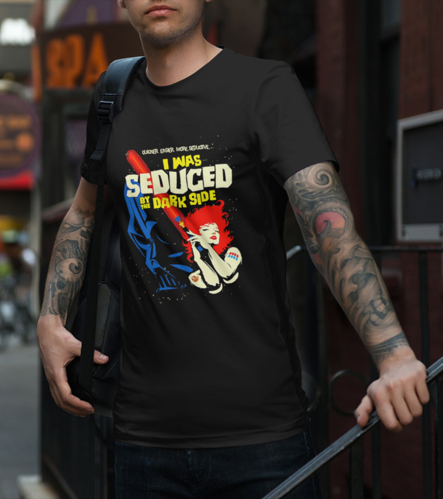 I Was Seduced By The Dark Side Cartoon Darth Vader And Redhead Woman T-Shirt