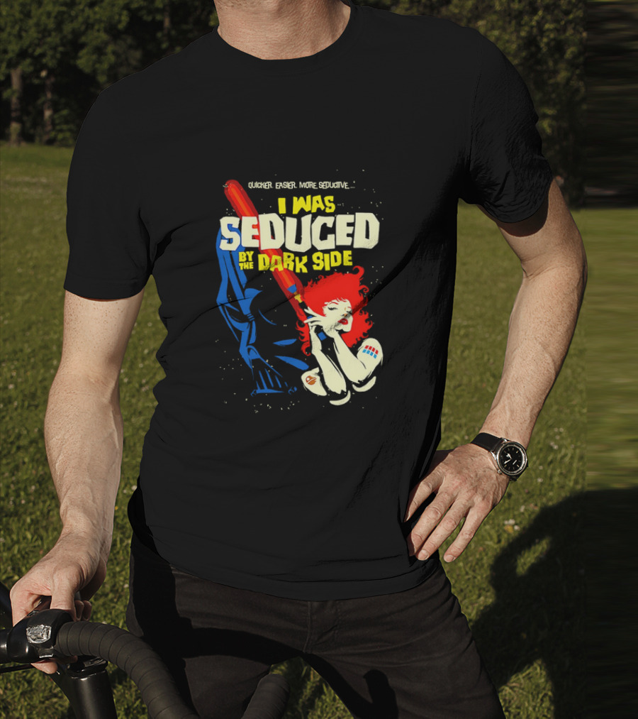 I Was Seduced By The Dark Side Cartoon Darth Vader And Redhead Woman T-Shirt