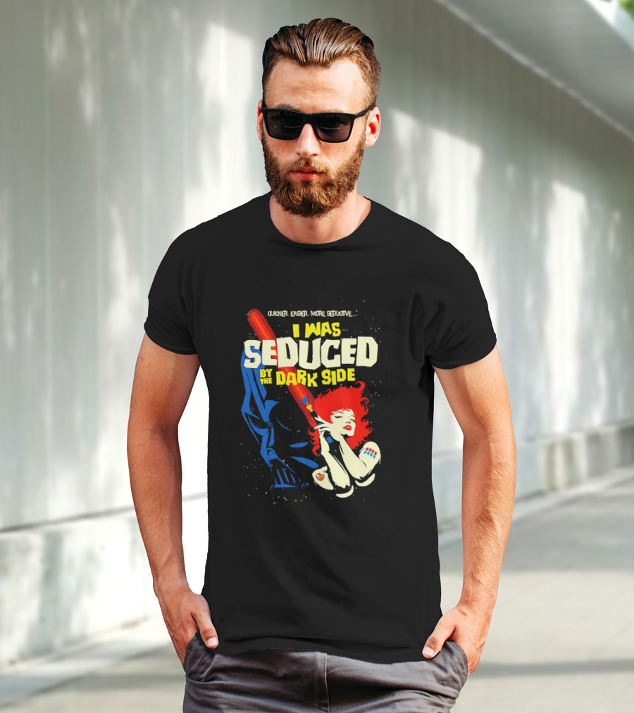 I Was Seduced By The Dark Side Cartoon Darth Vader And Redhead Woman T-Shirt