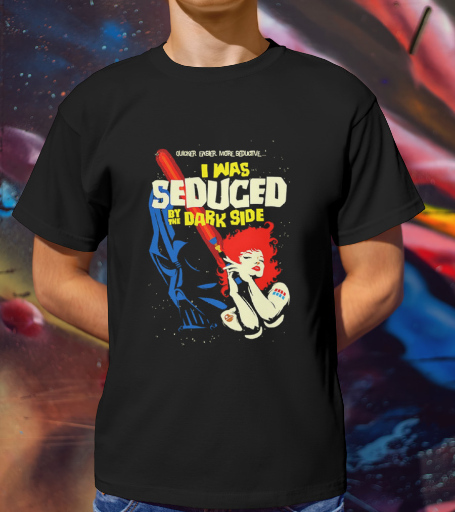 I Was Seduced By The Dark Side Cartoon Darth Vader And Redhead Woman T-Shirt