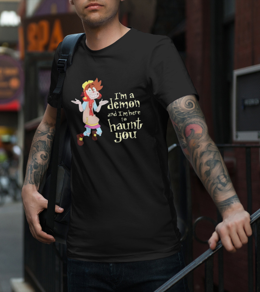 I'm A Demon And I'm Here To Haunt You Whimsical Cartoon Character With Red Hair And Yellow Cap T-Shirt