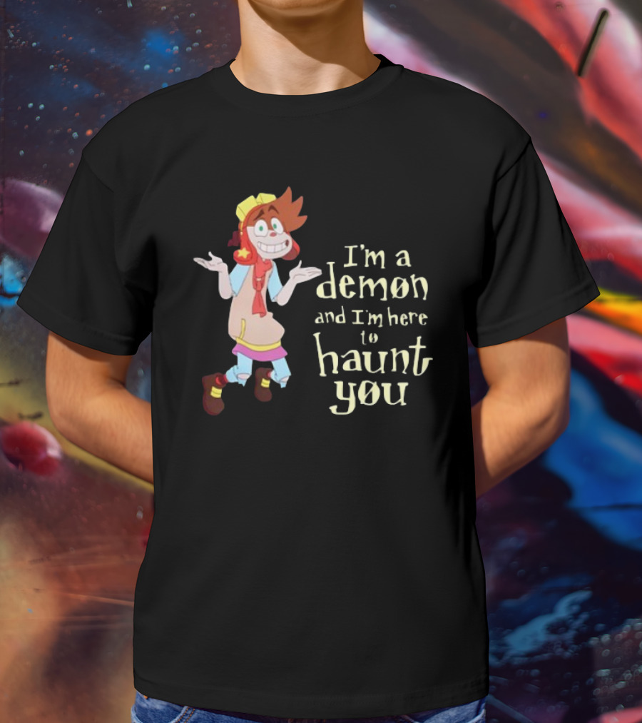 I'm A Demon And I'm Here To Haunt You Whimsical Cartoon Character With Red Hair And Yellow Cap T-Shirt