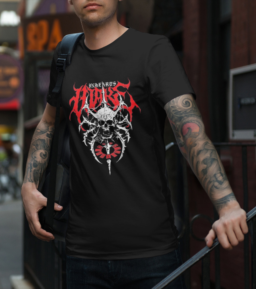 In Hearts Wake Skeletal Skull Red Text T-Shirt