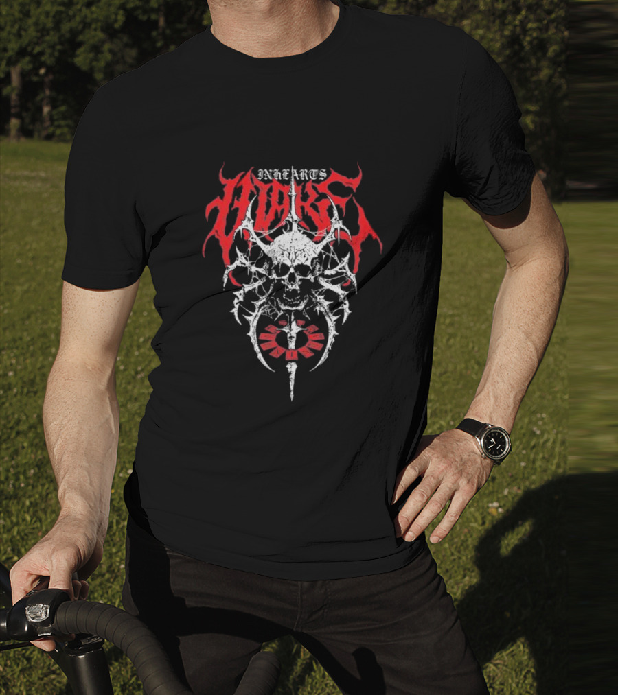 In Hearts Wake Skeletal Skull Red Text T-Shirt