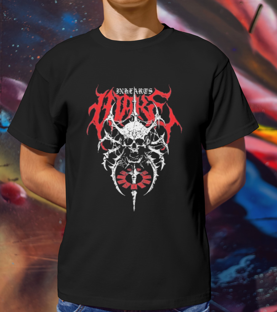In Hearts Wake Skeletal Skull Red Text T-Shirt