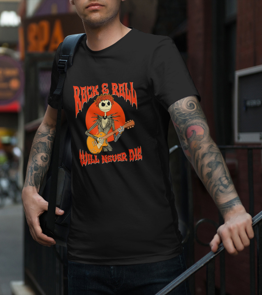 Rock And Roll Will Never Die Jack Skellington Playing Guitar T-Shirt