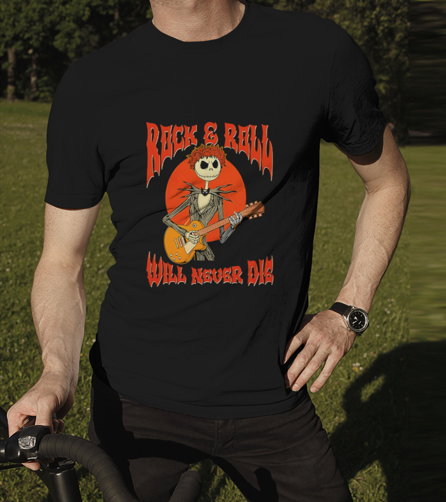 Rock And Roll Will Never Die Jack Skellington Playing Guitar T-Shirt